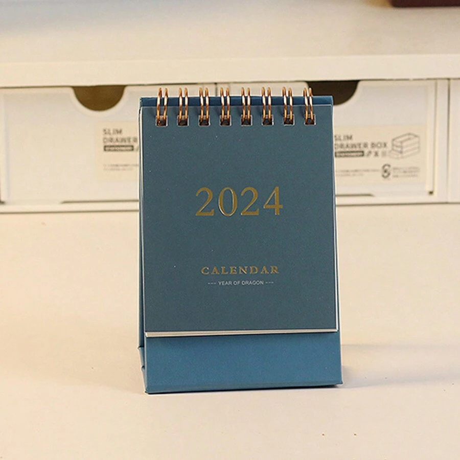 MU XIAO 2024 Mini Desk Calendar, Simple Style, Solid Color - Navy Blue - View 1