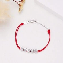 Moonmory 1條925純銀白晶石五移石頭橘色繩帶手鍊,女性聖誕禮物 0.8mm 厚度 18k 鍍金色