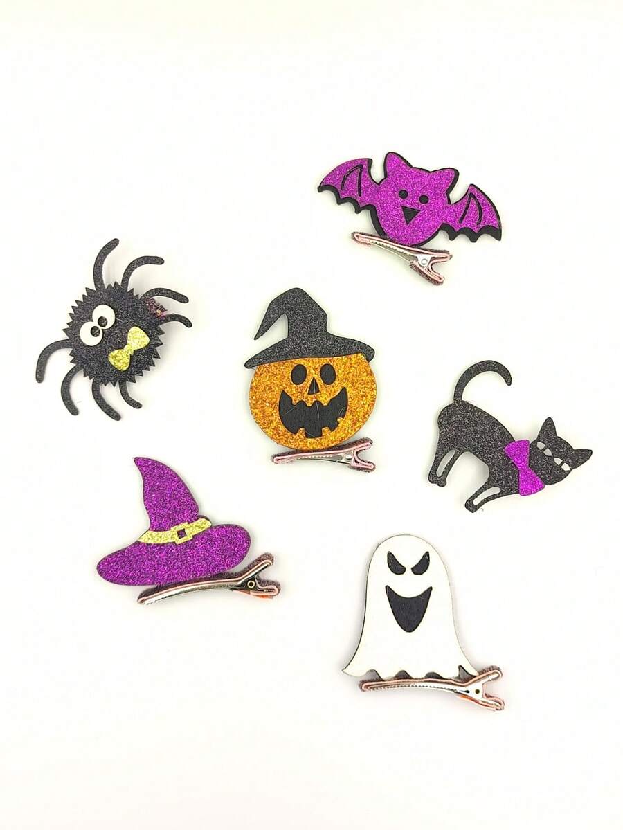 6pcs Children's Halloween Hair Clips, Creepy Pumpkin, Witch Hat, Ghost