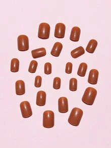 24pcs Short Square Fake Nails Brown Color Press on Nails Wearable False Nail For Women - Khaki - View 3