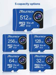Reletech 1pc U3 A1 Memory Card Micro SD Card TF Card For Driving Recorder/Phone/Tablet/Camera/Monitor/Drone,32GB 64GB 128GB 256GB 512GB - Blue - View 2
