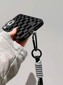 Apple Phone Charm 1pc Black Matte Surface Metal Phone Case With Electroplated Camera & Buttons + 1pc Iphone Compatible Nylon Braided Rope Hand Strap