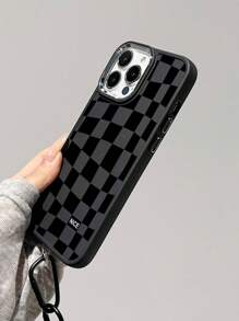 Apple Phone Charm 1pc Black Matte Surface Metal Phone Case With Electroplated Camera & Buttons + 1pc Iphone Compatible Nylon Braided Rope Hand Strap