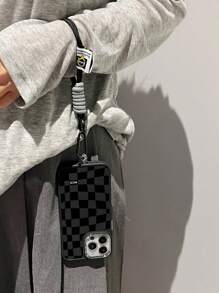 Apple Phone Charm 1pc Black Matte Surface Metal Phone Case With Electroplated Camera & Buttons + 1pc Iphone Compatible Nylon Braided Rope Hand Strap