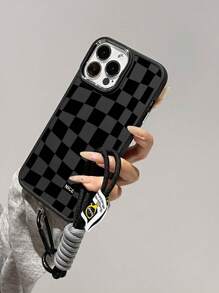 Apple Phone Charm 1pc Black Matte Surface Metal Phone Case With Electroplated Camera & Buttons + 1pc Iphone Compatible Nylon Braided Rope Hand Strap