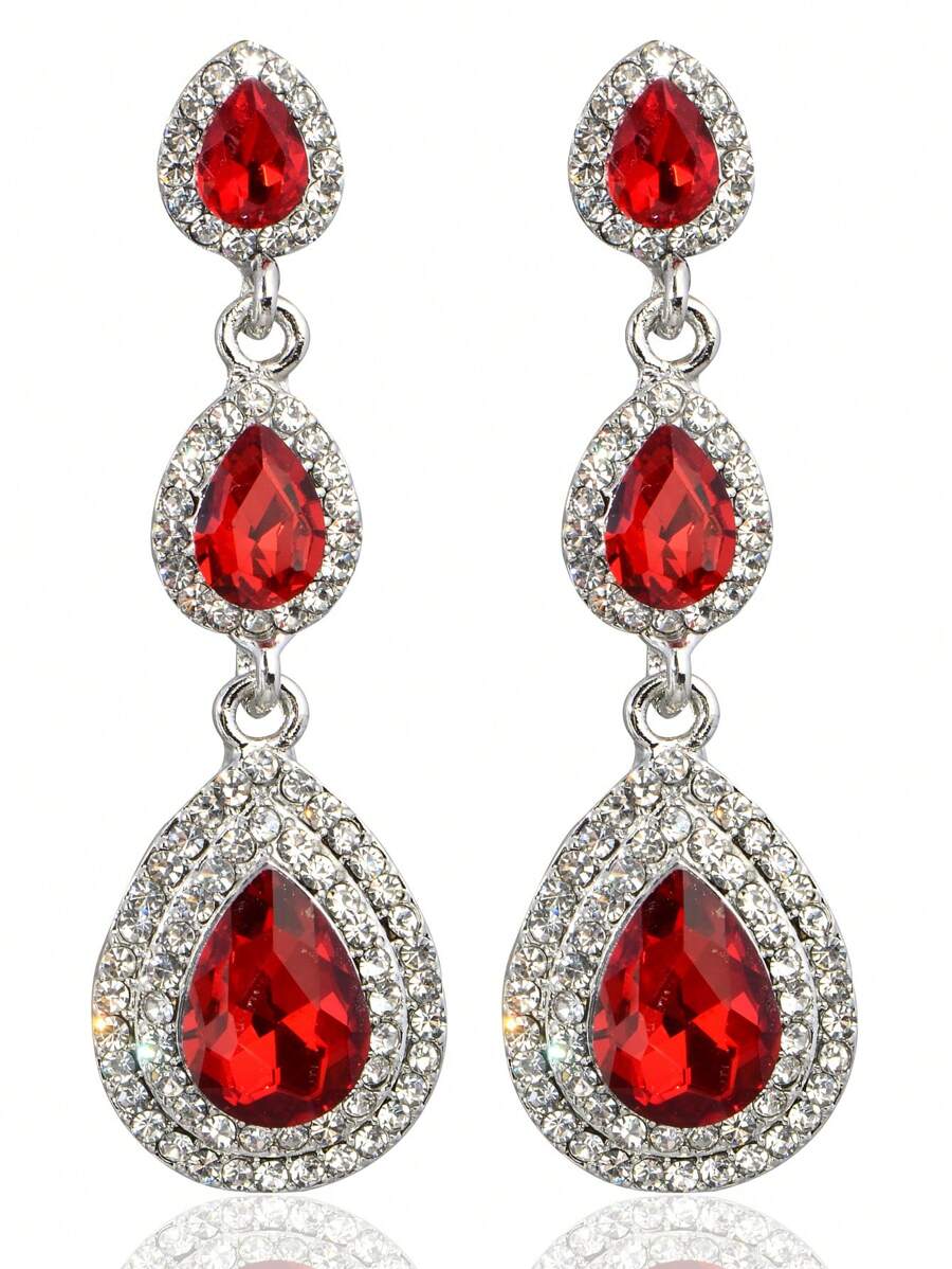 1 Pair Ruby Red Rhinestone Decor Earrings Big Fashion Statement Teardrop Crystal Dangle Drop Earrings For Women Girls Brides Bridesmaids Bridal Wedding Party Prom Pageant Costume Jewelry - Đỏ - Xem 1
