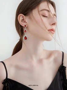 1 Pair Ruby Red Rhinestone Decor Earrings Big Fashion Statement Teardrop Crystal Dangle Drop Earrings For Women Girls Brides Bridesmaids Bridal Wedding Party Prom Pageant Costume Jewelry - Đỏ - Xem 5