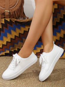 Zapatos Blancos Para Mujeres, Zapatillas Genuino Estilo Británico Con Cordones Blancos Puros, Punta Redonda, Corte Bajo, Planas, Para Patinar, Zapatos Blancos Antideslizantes Y Transpirables De Moda Para Estudiantes - Blanco - Ver 4