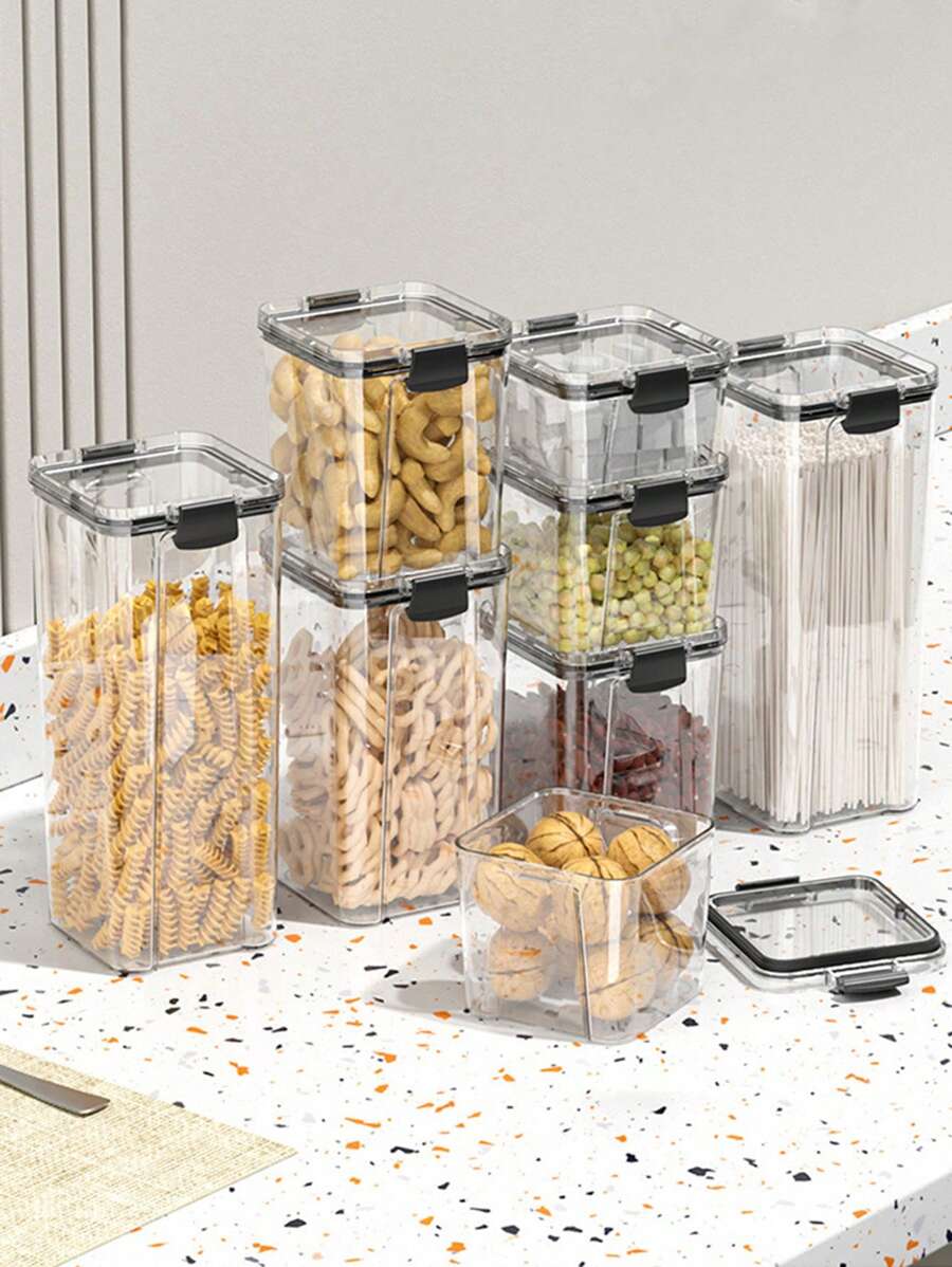 1pc Airtight Grain Jar, Transparent Plastic Container Box For Kitchen Storage Of Grains, Snacks, Tea, Not Dishwasher Friendly - Clear - View 1