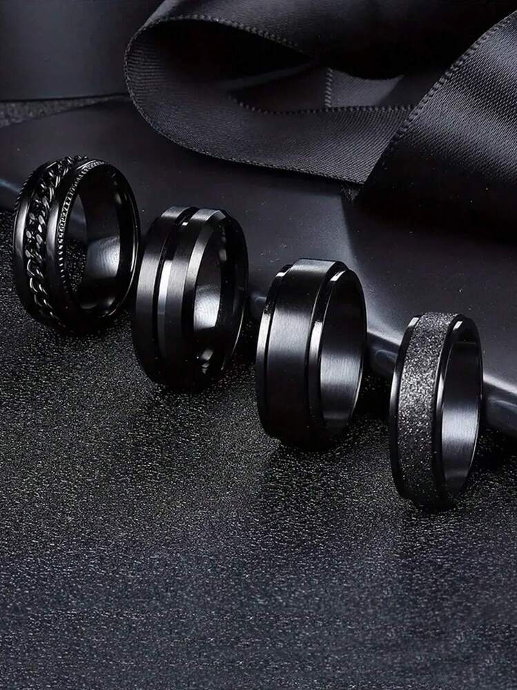 Set Di 4 Anelli Neri Con Design In Rilievo - nero - Visualizzare 1