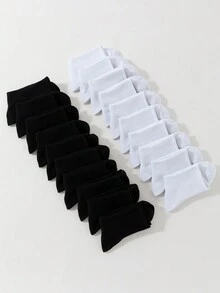 20雙女性中筒襪,黑色&白色豎條紋圖案,平底針織,休閒,透氣,和防異味