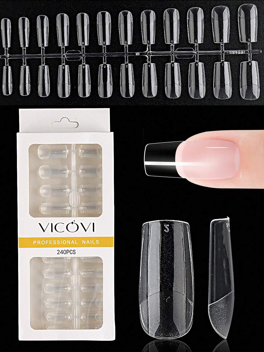 240Pcs Medium Square Clear False Nail Tips, Full Coverage Pressed Nails Acrylic False Nail Tips, 12 Sizes False Nails For Extended Shapes Soft Gel Nail Tips Nail Salon Women Nail Supplies - Clear - View 1
