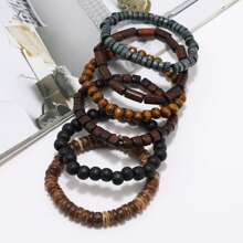 6pcs/set Multilayered Elastic Thread Beaded Bracelet With Wooden Beads And Coconut Shell, Vintage Style, Suitable For Men's Daily Wear (stretchable) - Multicolor - View 1
