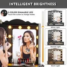 Lvifur LED Makeup Vanity Table with Charging Station,Vanity with AC Outlets & USB & Type-C Ports,4 Drawers,Hair Dryer Rack,Make Vanity Desk with 3 Color Light Bulbs Mirror via Touch Screen