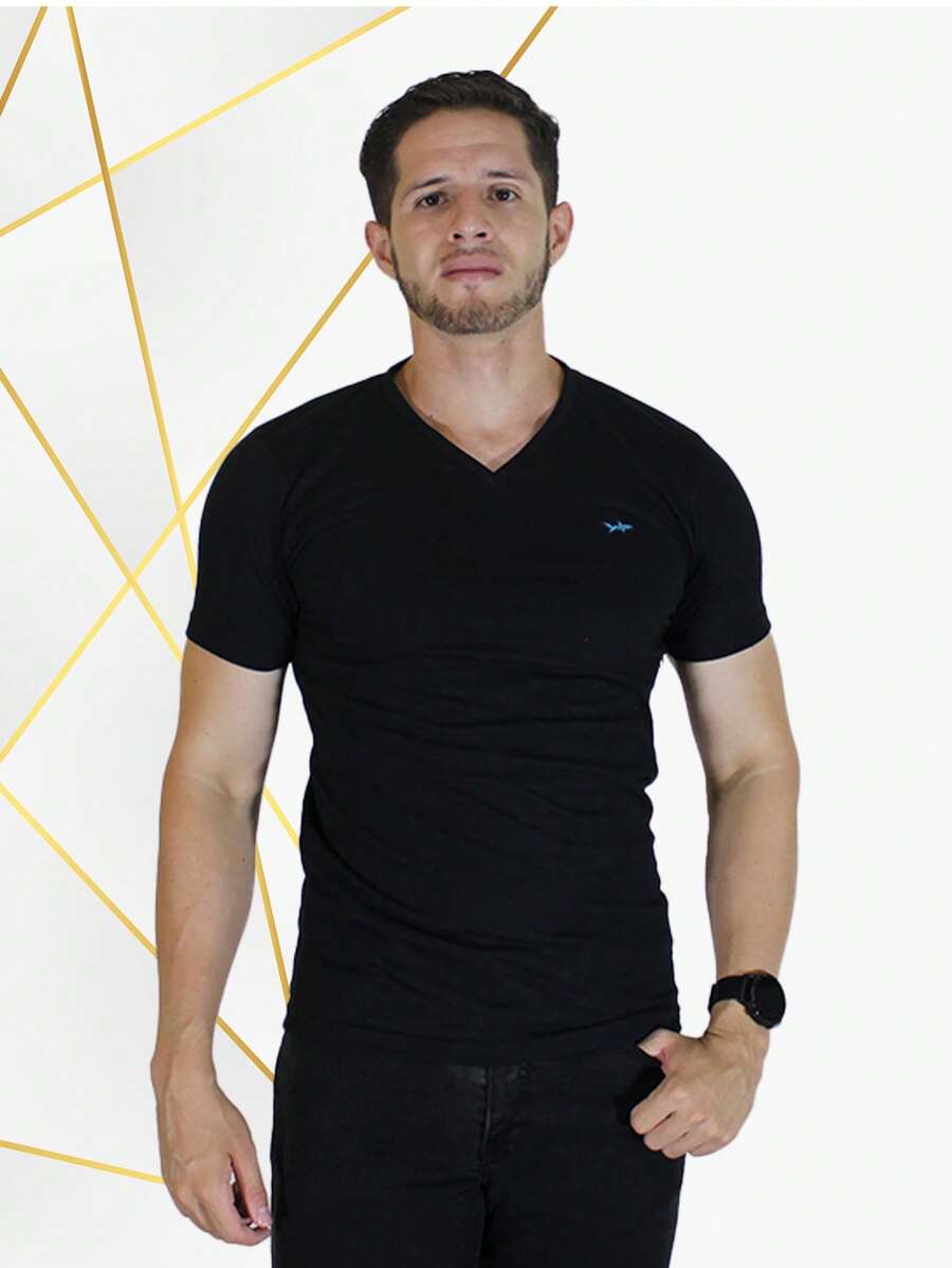Men's Black V-Neck T-Shirt - Black - View 1
