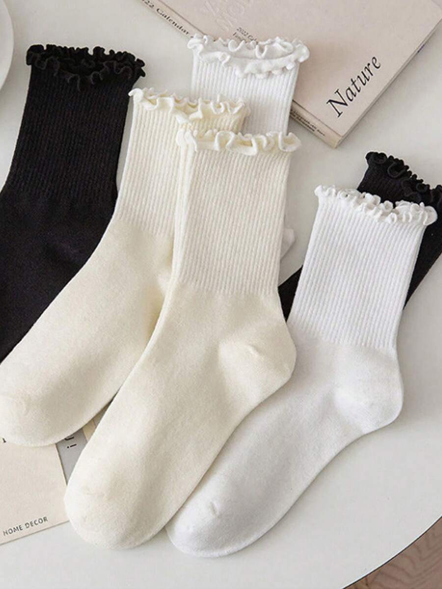 6pairs/Set Women's Personalized Mid-Calf Socks, Lace & Mushroom Pattern, Three Colors Available, Fall