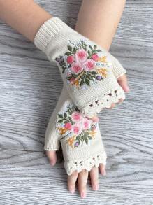 Đời Boho 1 Nữ Phong Cách Vintage Tay Dệt Kim Móc Edge & Thêu Hoa Ngón Găng Tay Cho Mùa Thu Đông - trắng - Xem 2