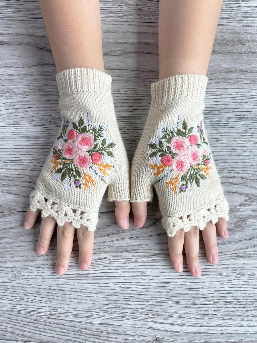 Đời Boho 1 Nữ Phong Cách Vintage Tay Dệt Kim Móc Edge & Thêu Hoa Ngón Găng Tay Cho Mùa Thu Đông - trắng - Xem 1