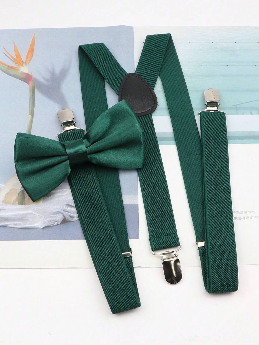 2 件男士可调节纯色涤纶吊带和时尚涤纶领结套装，适合婚礼和日常穿着休闲万圣节万圣节配饰，万圣节服装秋冬配饰万圣节服装，适合青少年、青年、男士、休闲、户外、运动、度假、毕业礼物、生日、日常穿着 - 墨綠色 - 查看 1