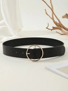 Basic Round Buckle Women's Dress Shirt Coat With Wide Decorative Waist Belt - Black - View 2