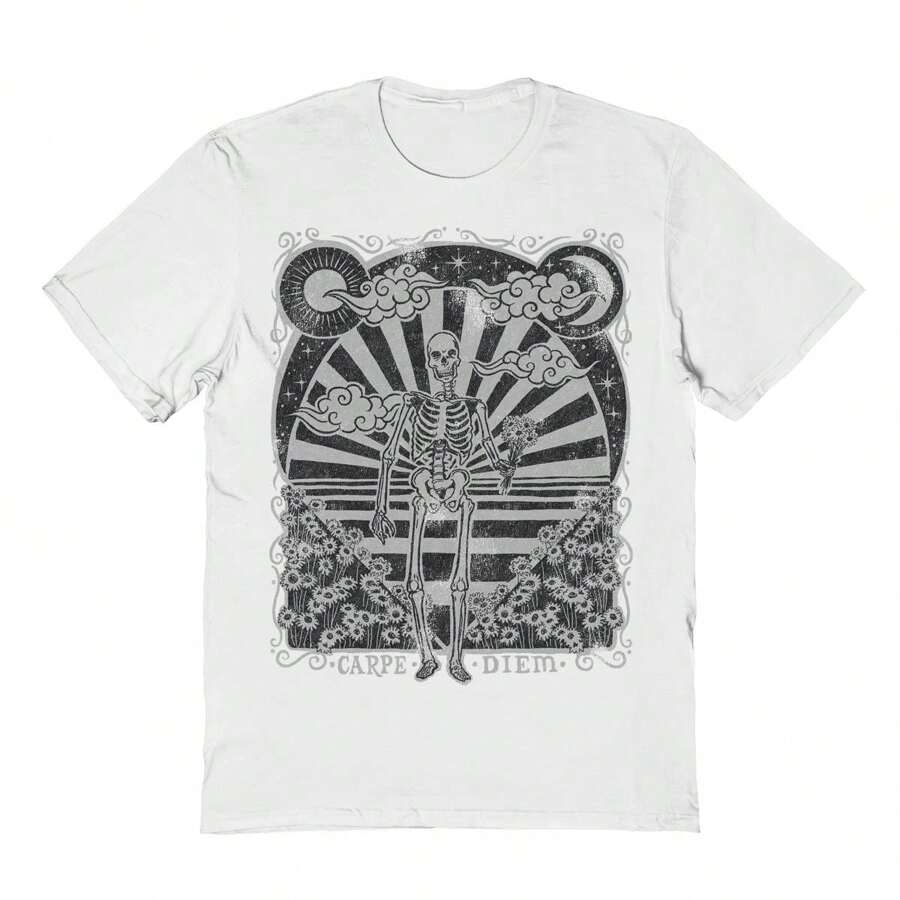 Nearly There Carpe Diem Graphic White Unisex Cotton Short-Sleeve T-Shirt - 白色 - 查看 1