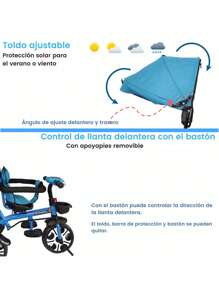 Triciclo Evolutivo para Niños Asiento Giratorio 360 Luz Capota (SOLO COMPRAR 1 PIEZA A LA VEZ) - Azul - Ver 3