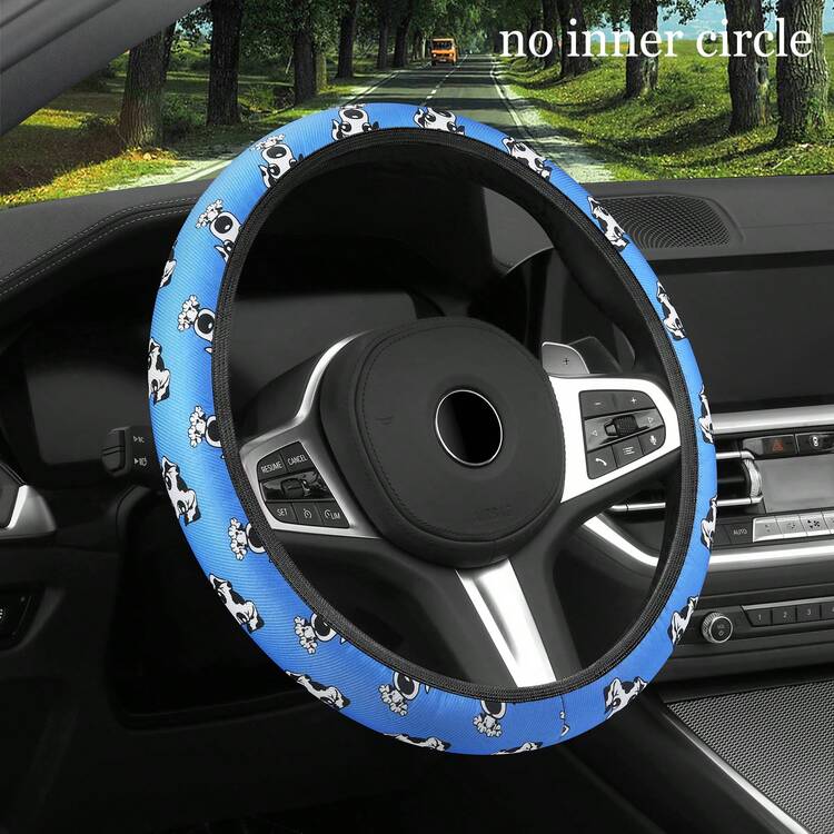 Cubierta Antideslizante Con Forma De Perro De Moda Para Volante De Coche, 14,5-15 Pulgadas, Tejido De Punto, Se Adapta A La Mayoría De Los Coches - Azul - Ver 1