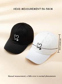 Cute 2pcs Couple'S Double Heart Embroidered Y2k Style Sun-Proof Breathable Baseball Caps, Unisex, Spring And Autumn, Romantic Gift For Valentine'S Day And Outdoor Sun Protection - Black and White - View 4