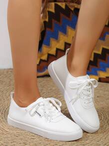Zapatos Blancos Para Mujeres, Zapatillas Genuino Estilo Británico Con Cordones Blancos Puros, Punta Redonda, Corte Bajo, Planas, Para Patinar, Zapatos Blancos Antideslizantes Y Transpirables De Moda Para Estudiantes - Blanco - Ver 2