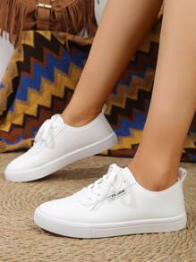 Zapatos Blancos Para Mujeres, Zapatillas Genuino Estilo Británico Con Cordones Blancos Puros, Punta Redonda, Corte Bajo, Planas, Para Patinar, Zapatos Blancos Antideslizantes Y Transpirables De Moda Para Estudiantes - Blanco - Ver 6
