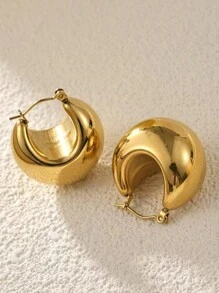 Lạnh Và Phong cách Đơn giản Thép không gỉ Rỗng Tròn Hoa tai - Vàng - Xem 5