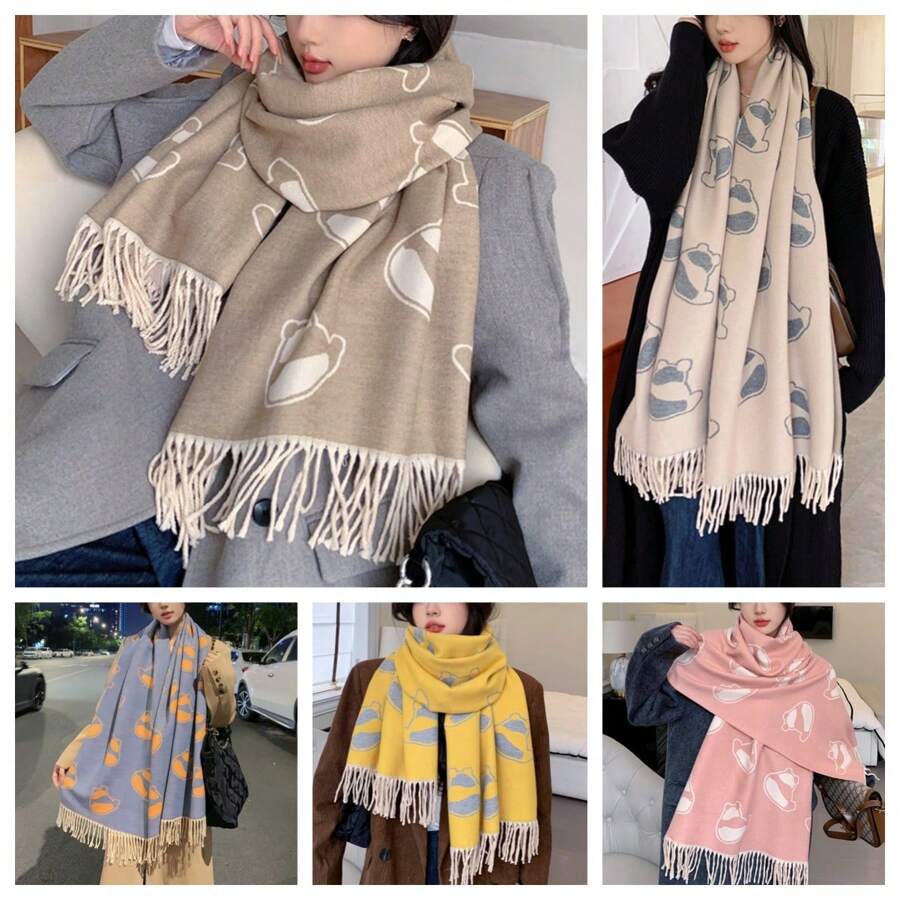 冬季時尚卡通熊貓毛絨圍巾,流蘇設計女士保暖防風披肩 - 卡其色 - 查看 1