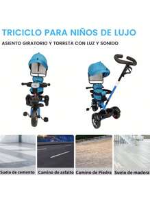 Triciclo Evolutivo para Niños Asiento Giratorio 360 Luz Capota (SOLO COMPRAR 1 PIEZA A LA VEZ) - Azul - Ver 4
