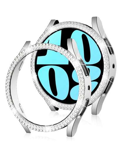 1 pezzo Custodia per Samsung Galaxy Watch donne con strass a doppia fila lucida e motivo traforato, compatibile con Samsung Galaxy Watch 4/5/6/7 serie, adatta a orologi da 40/44mm, Custodia protettiva di moda a prova d urto - Collezione Party, Argento