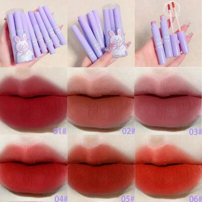 兔子印花唇彩成套工具,6入組持久啞光保濕液體口紅