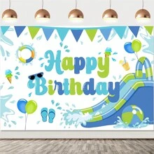 kreatwow 1 Pieza Decoraciones Para Fiesta De Cumpleaños Tema De Verano Splash Azul, Decoración De Fondo Para Feliz Cumpleaños Con Tobogán De Agua, Fondo De Fiesta De Cumpleaños Con Piscina Para Niños Y Niñas - Verde - Ver 1