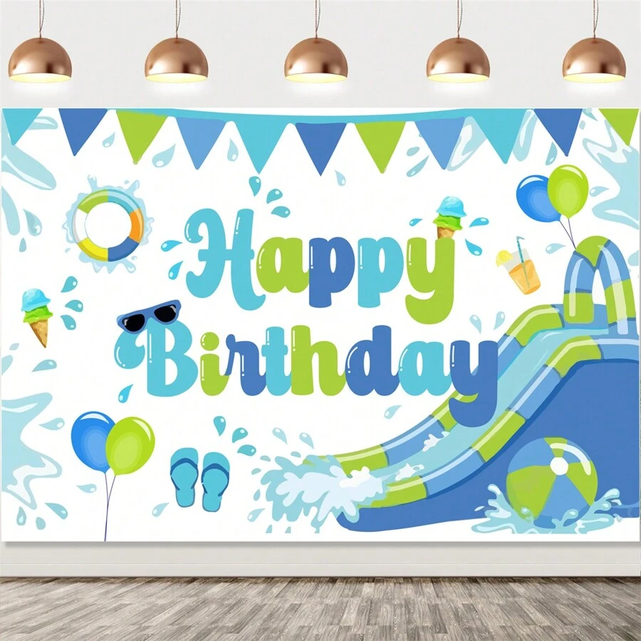kreatwow 1 Pieza Decoraciones Para Fiesta De Cumpleaños Tema De Verano Splash Azul, Decoración De Fondo Para Feliz Cumpleaños Con Tobogán De Agua, Fondo De Fiesta De Cumpleaños Con Piscina Para Niños Y Niñas - Verde - Ver 1