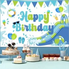 kreatwow 1 Pieza Decoraciones Para Fiesta De Cumpleaños Tema De Verano Splash Azul, Decoración De Fondo Para Feliz Cumpleaños Con Tobogán De Agua, Fondo De Fiesta De Cumpleaños Con Piscina Para Niños Y Niñas - Verde - Ver 3