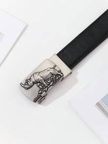 男士真皮復古自動扣皮帶帶古董犀牛扣飾,商業洋裝皮帶 - 黑色 - 查看 3