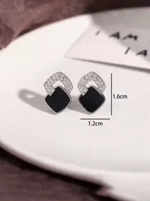 1 对银框黑色方晶锆石方形耳钉 - 彩色 - 查看 2