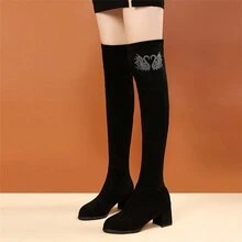 女式鑲有鑽石天鵝裝飾的過膝高跟靴,時尚彈性靴子,適用於冬季 - 黑色 - 查看 3