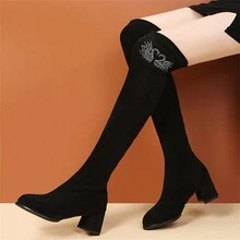 女式鑲有鑽石天鵝裝飾的過膝高跟靴,時尚彈性靴子,適用於冬季 - 黑色 - 查看 2