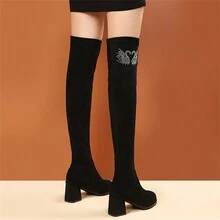 女式鑲有鑽石天鵝裝飾的過膝高跟靴,時尚彈性靴子,適用於冬季 - 黑色 - 查看 5