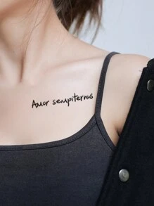 1 件防水临时纹身贴纸，PVC 材质，简单线条，英文文字和花卉字体，防汗，适合时尚领袖的日常穿着 - 黑色 - 查看 2