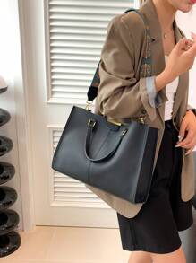 柔软大容量手提包适合工作和日常使用，复古百搭手提包，荔枝纹 PU 单肩斜挎通勤包，方便使用磁扣大包 - 黑色 - 查看 2