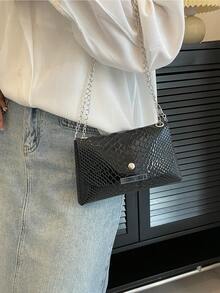 純色蛇紋極簡主義pu皮蓋子肩袋 - 黑色 - 查看 3