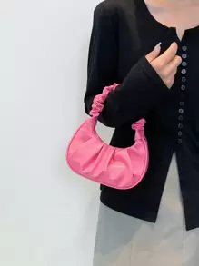 Mini Solid Pink Cloud-Shaped Handbag With Wrinkles For Teen Girls - Watermelon Pink - View 2