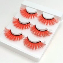 3對明亮的紅色3d條紋假睫毛貓眼蓬鬆帶色假睫毛,適用於派對cosplay萬聖節 - 紅色 - 查看 3