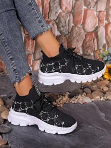 New Casual Knitted Lightweight Women Sport Shoes, Breathable Mesh Running Shoes With Soft Sole, Slip-On Design, For Autumn - Black - View 2