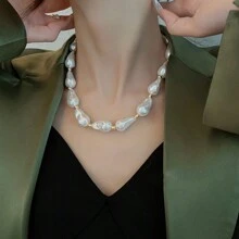 法国复古不对称巴洛克风格仿珍珠项链，女士时尚 Ot 扣颈链个性化锁骨链 - 白色 - 查看 1